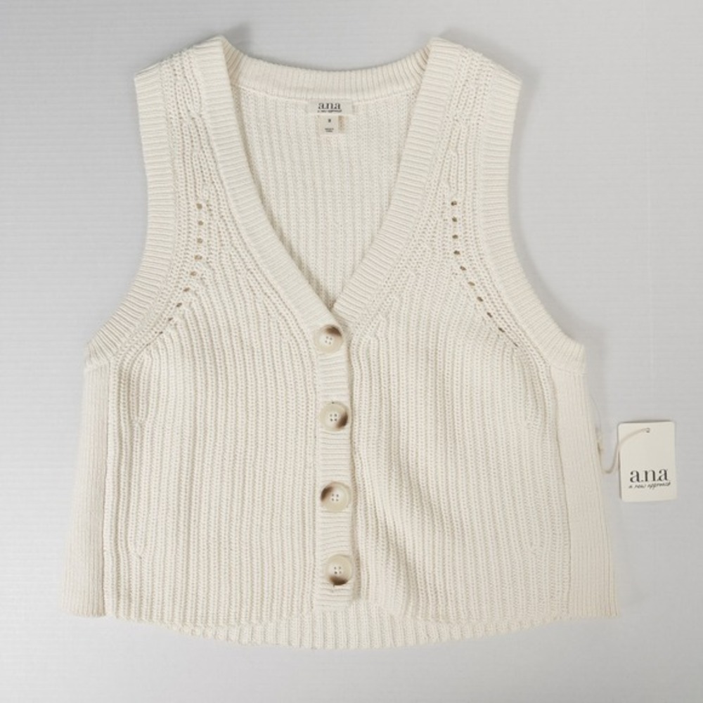 ana Cropped V Neck Button Up Knit Sweater Vest Womens M Cream Preppy Academia